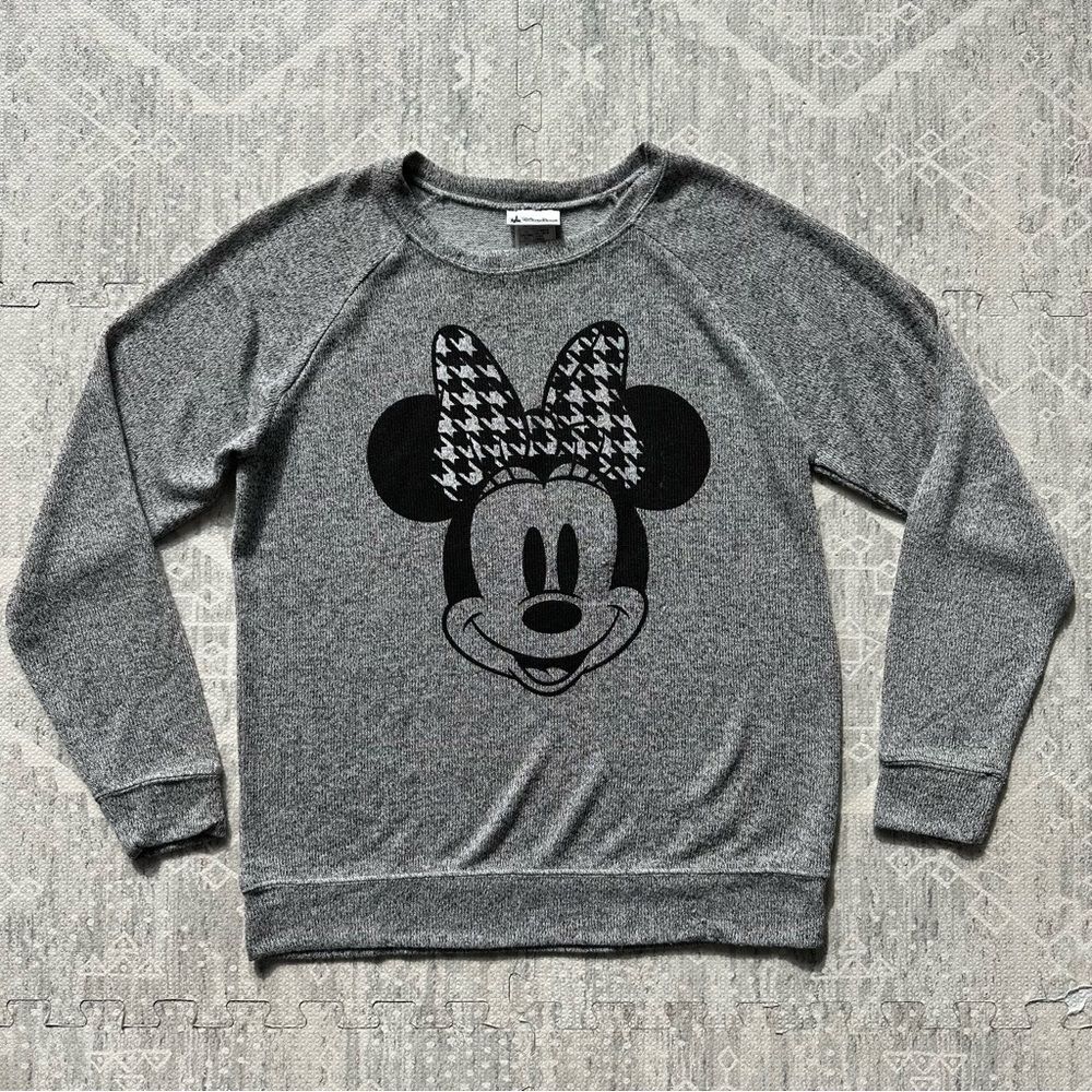 Disney Parks Minnie Mouse Happy Grey Houndstooth Bow Lightweight Sweater Size L